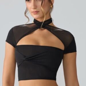 Oh Polly Mesh Cap Sleeve Cut Out Crop Top in Black